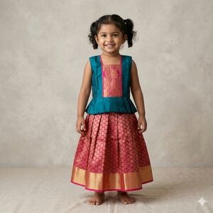 New Pure Silk Traditional Pavadai Sattai -Pink/Blue South Indian Lehenga 3yr old